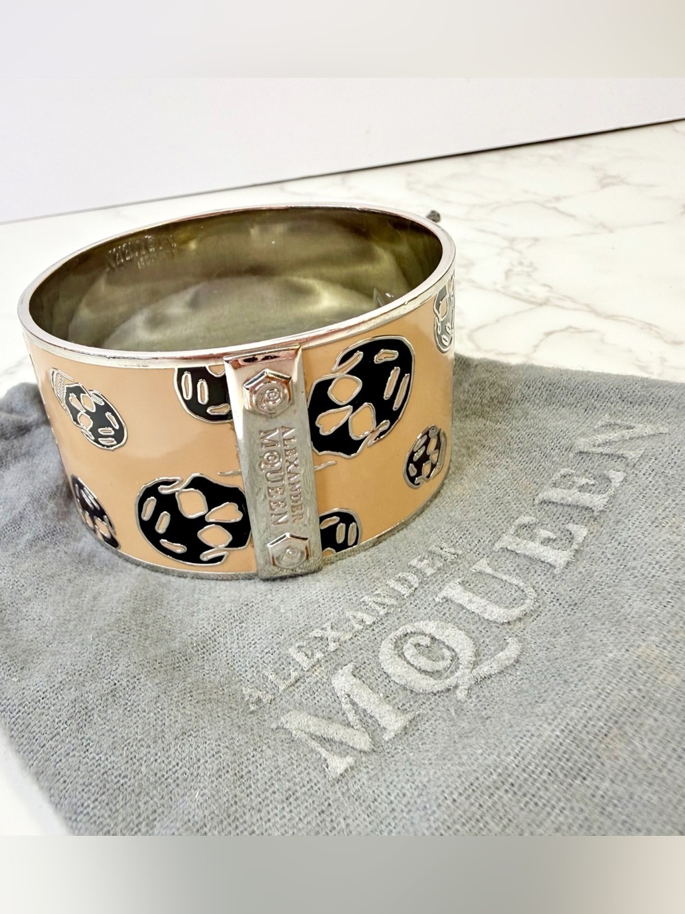 Alexander McQueen Beige and Black Enamel Skull Cuff